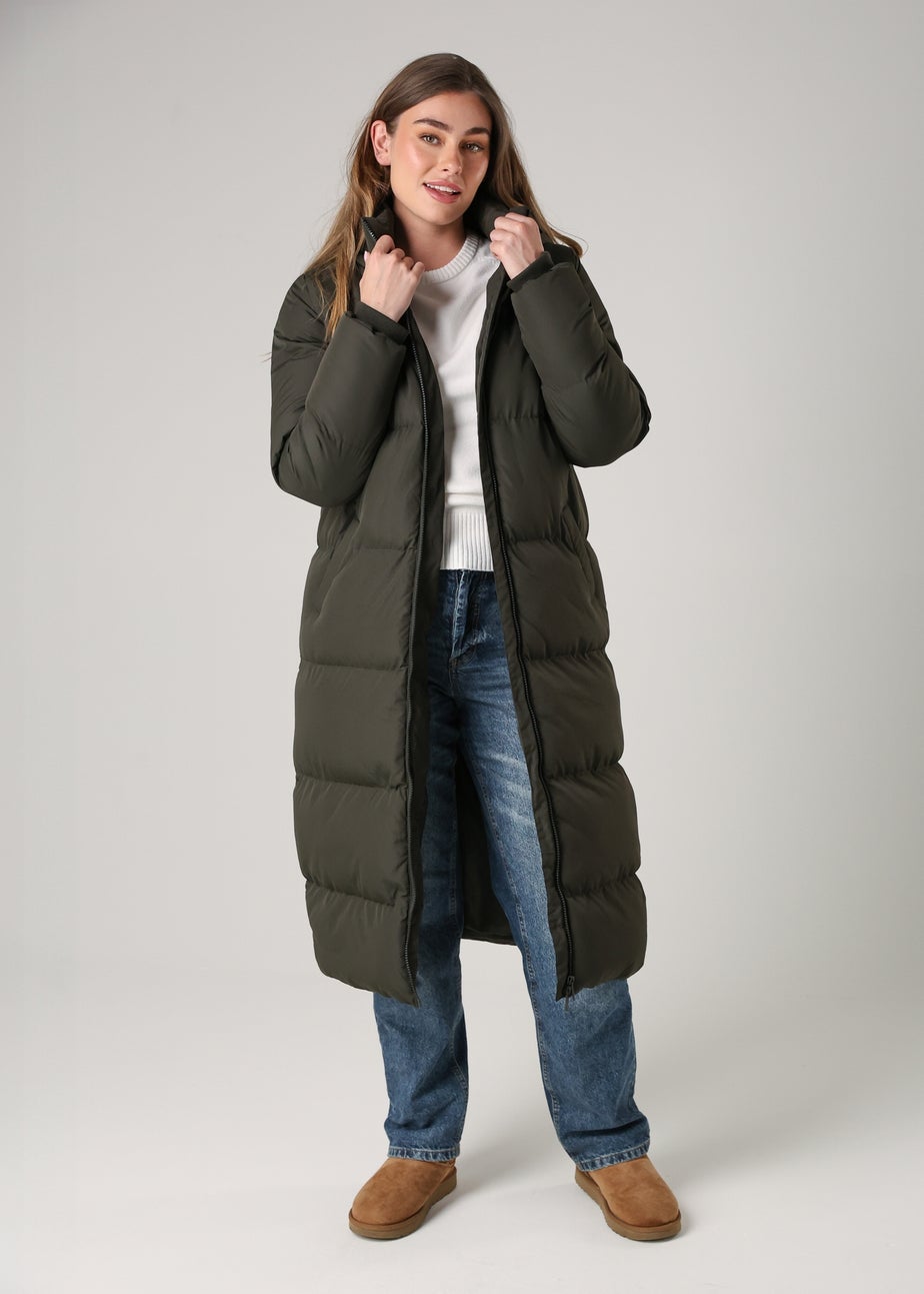 French Connection Khaki Longline Quilted Puffer Jacket With Hood