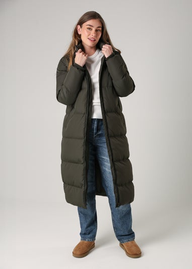 French Connection Khaki Longline Quilted Puffer Jacket With Hood