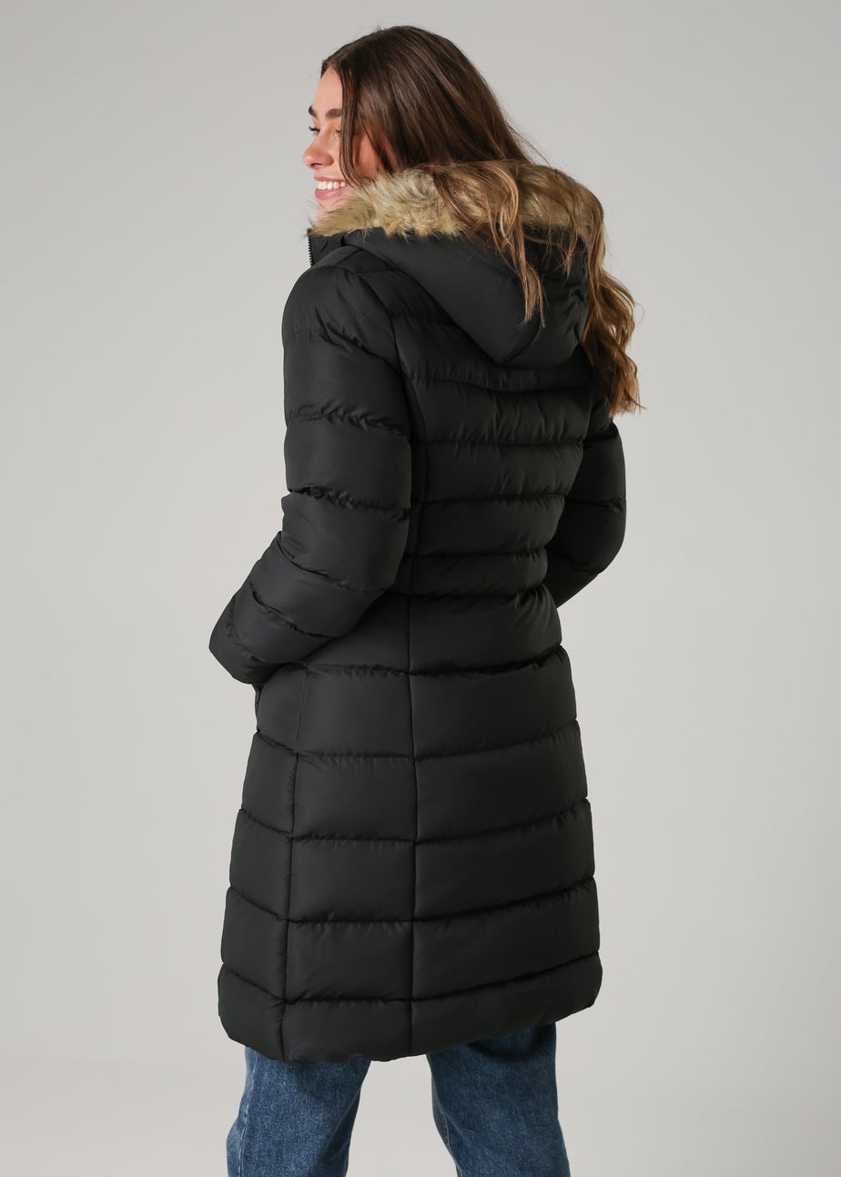 French Connection Black Midi Padded Parka Jacket With Faux Fur Hood
