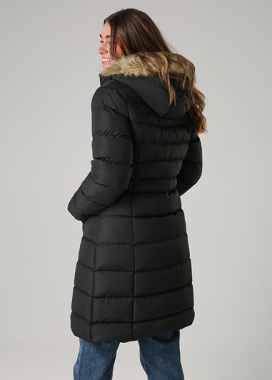 French Connection Black Midi Padded Parka Jacket With Faux Fur Hood