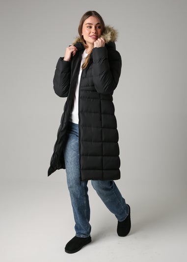 French Connection Black Midi Padded Parka Jacket With Faux Fur Hood