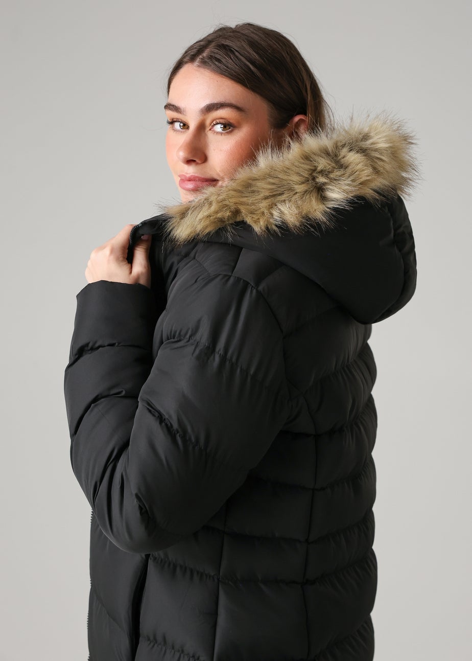 French Connection Black Midi Padded Parka Jacket With Faux Fur Hood