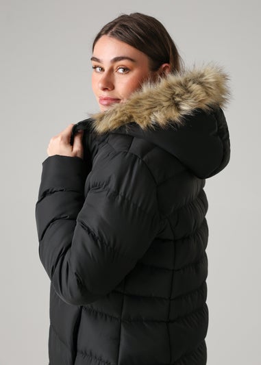 French Connection Black Midi Padded Parka Jacket With Faux Fur Hood