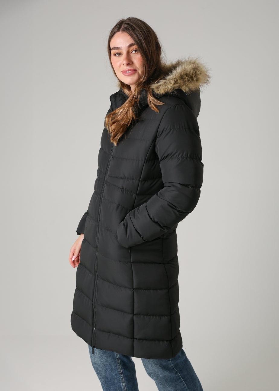 French Connection Black Midi Padded Parka Jacket With Faux Fur Hood
