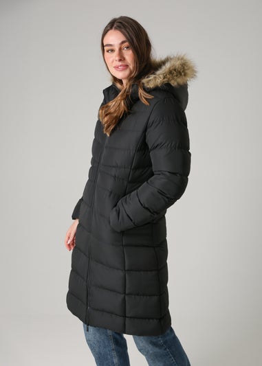 French Connection Black Midi Padded Parka Jacket With Faux Fur Hood