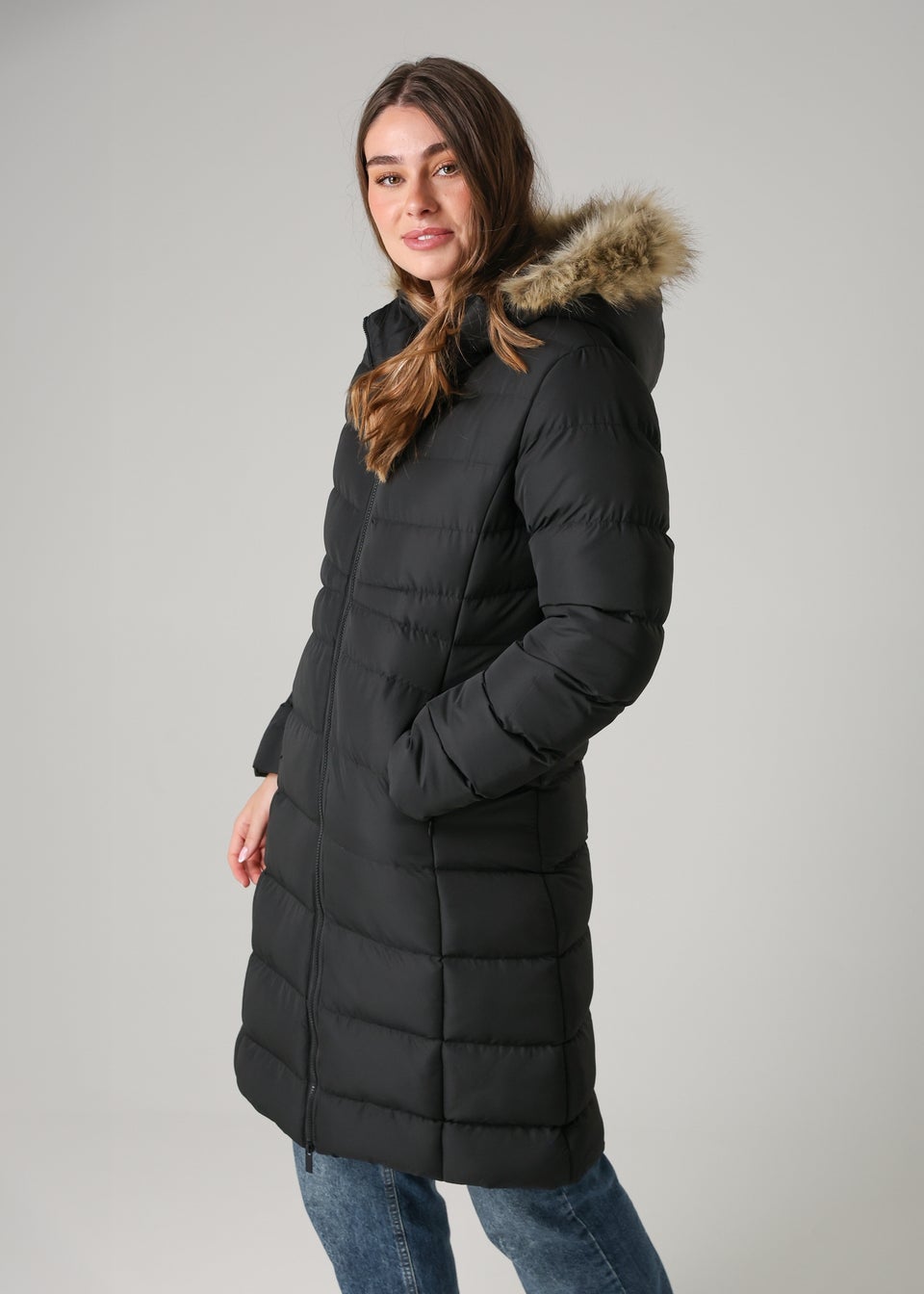 French Connection Black Midi Padded Parka Jacket With Faux Fur Hood