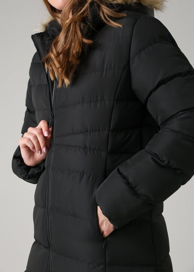 French Connection Black Midi Padded Parka Jacket With Faux Fur Hood
