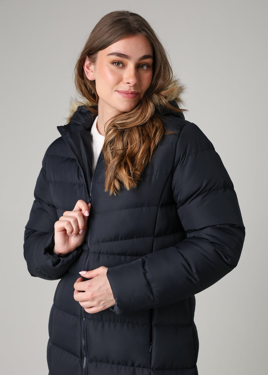 French Connection Navy Midi Padded Parka Jacket With Faux Fur Hood