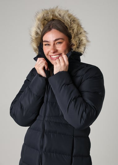 French Connection Navy Midi Padded Parka Jacket With Faux Fur Hood