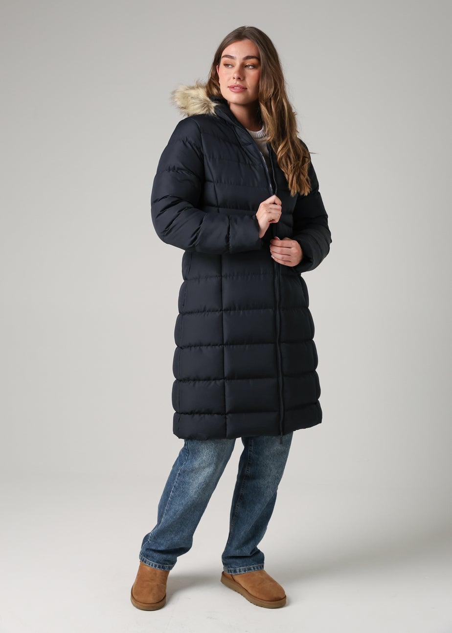 French Connection Navy Midi Padded Parka Jacket With Faux Fur Hood