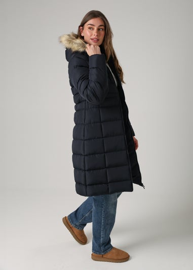 French Connection Navy Midi Padded Parka Jacket With Faux Fur Hood