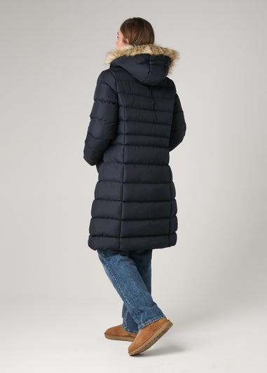 French Connection Navy Midi Padded Parka Jacket With Faux Fur Hood