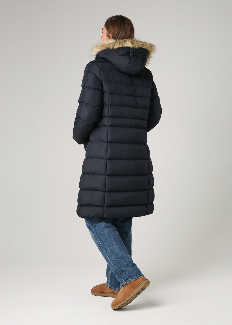 French Connection Navy Midi Padded Parka Jacket With Faux Fur Hood