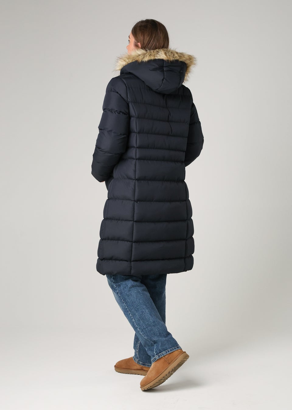 French Connection Navy Midi Padded Parka Jacket With Faux Fur Hood