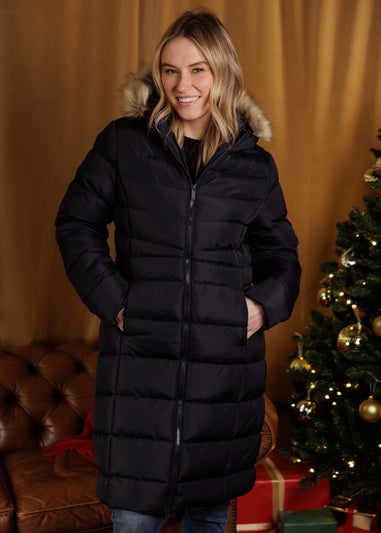 French Connection Navy Midi Padded Parka Jacket With Faux Fur Hood