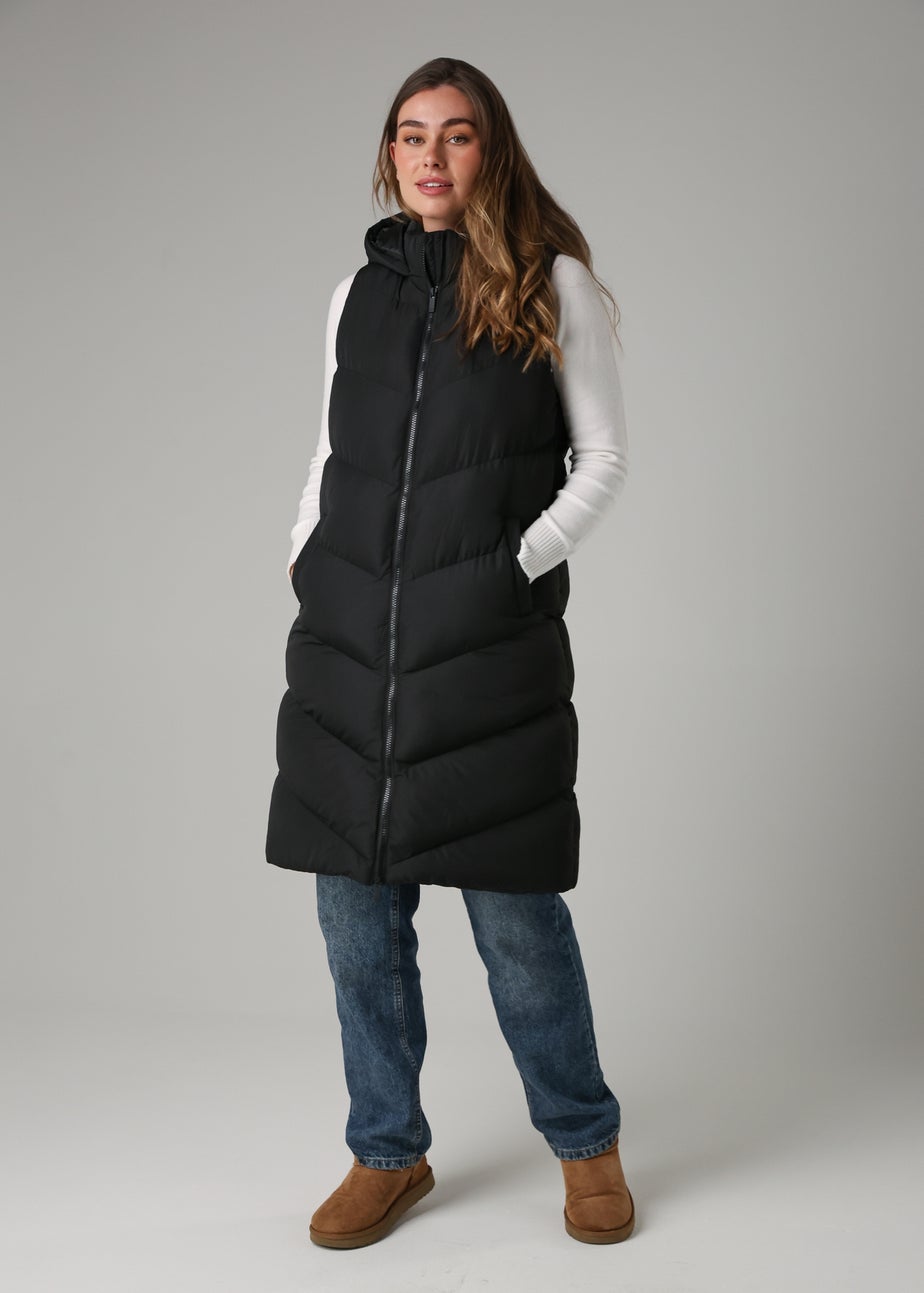 French Connection Black Midi Quilted Gilet With Hood