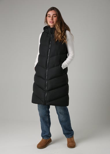 French Connection Black Midi Quilted Gilet With Hood