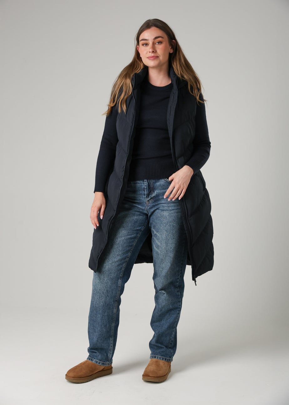 French Connection Navy Midi Quilted Gilet With Hood