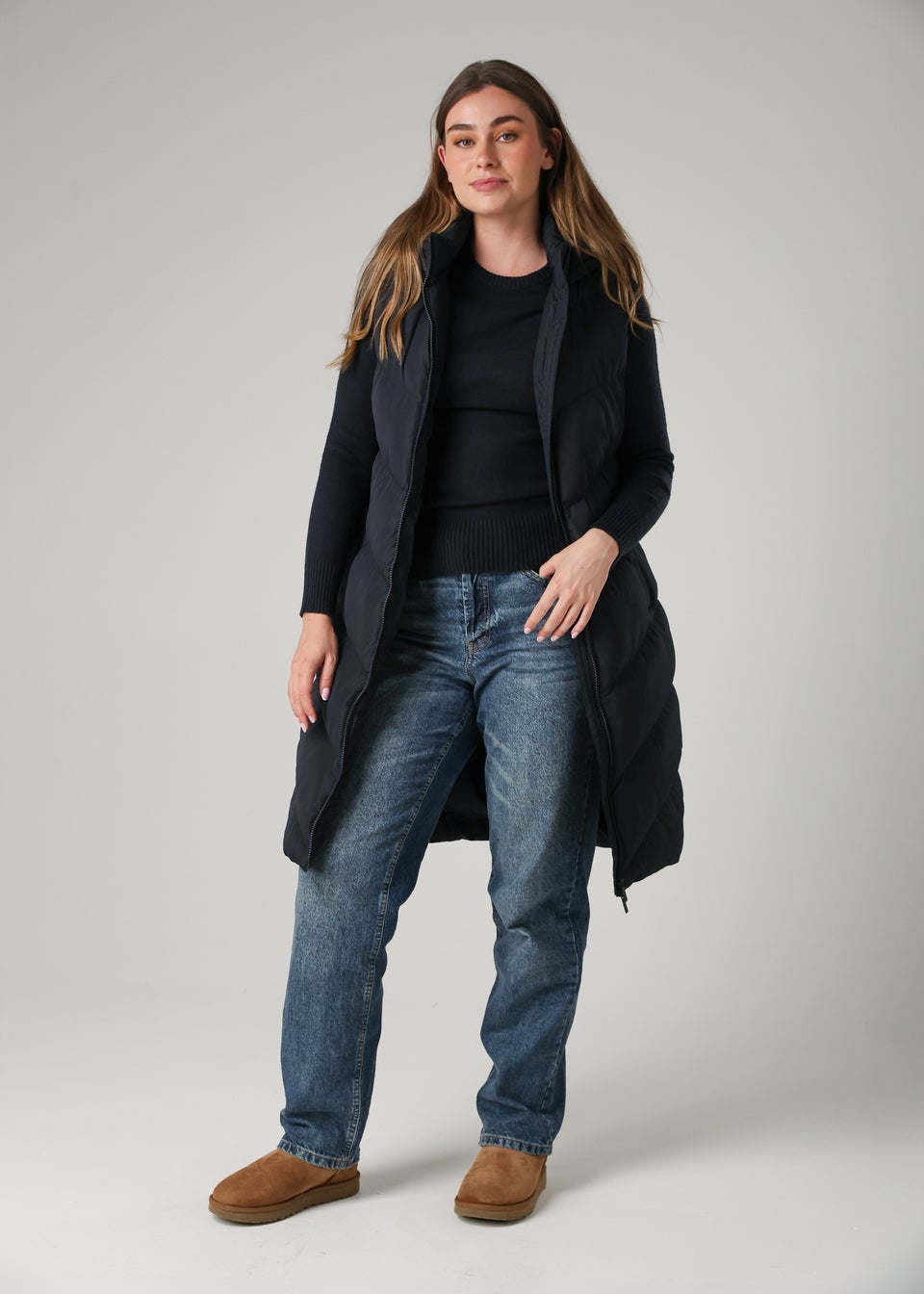 French Connection Navy Midi Quilted Gilet With Hood