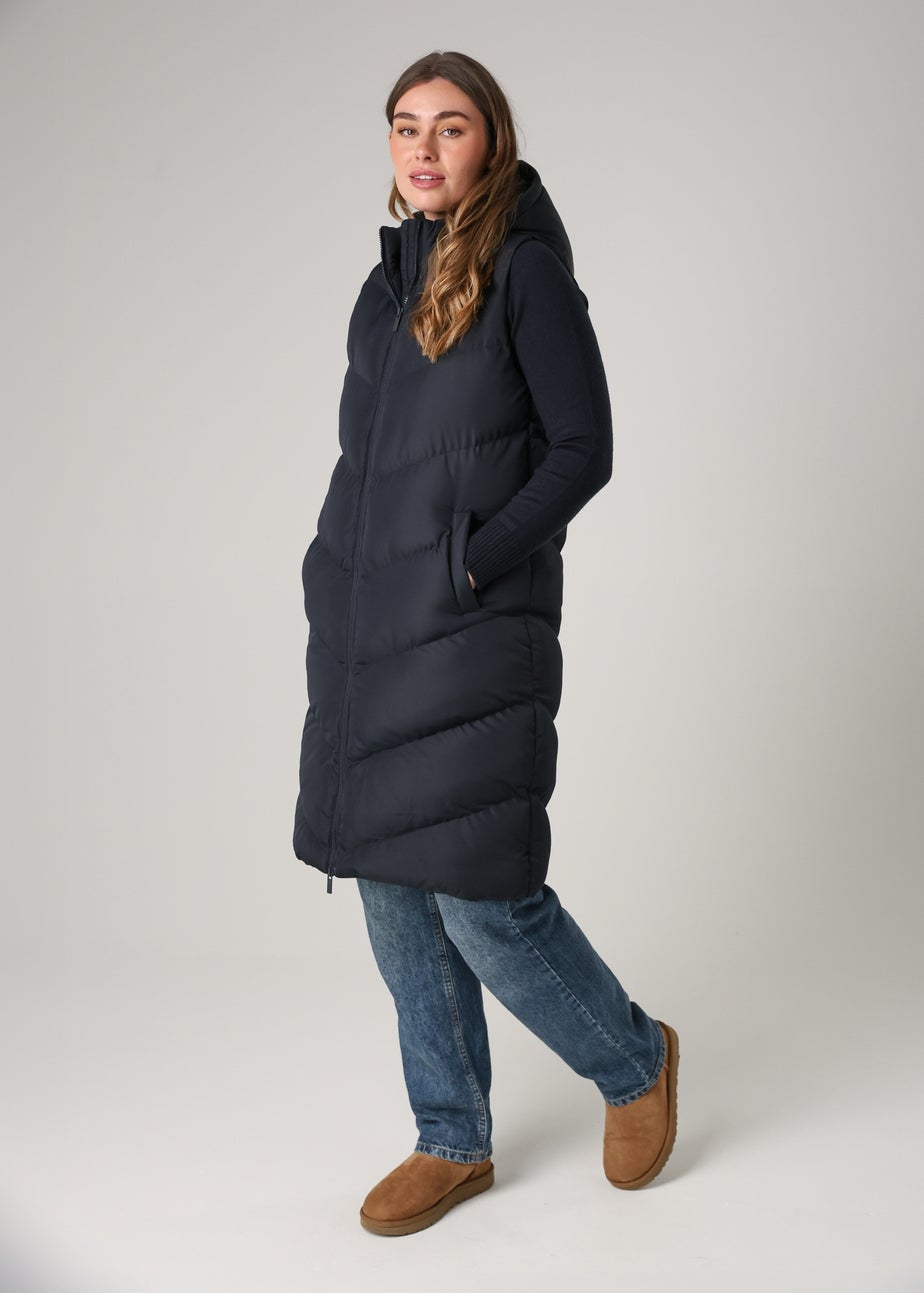 French Connection Navy Midi Quilted Gilet With Hood