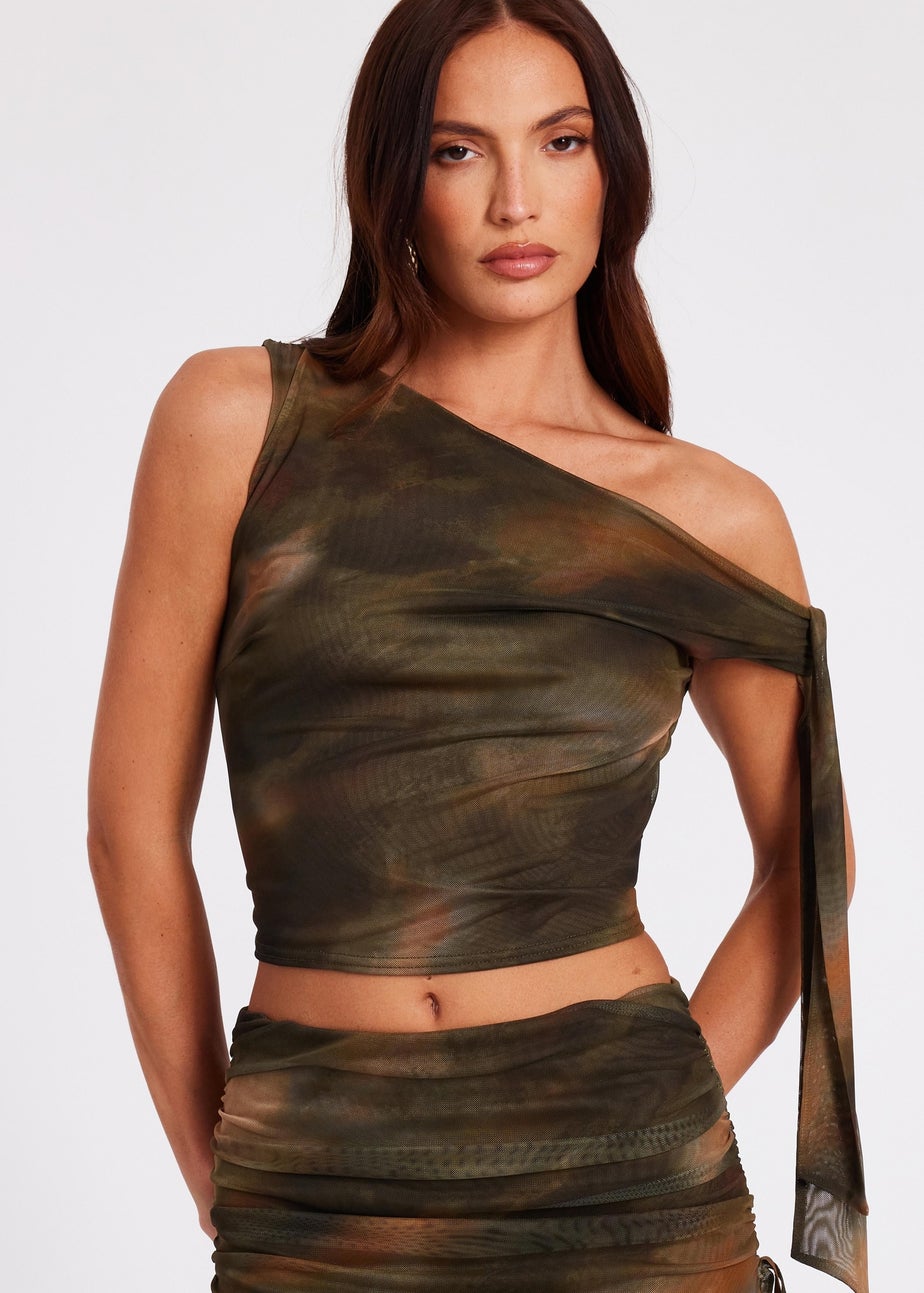 Quiz Khaki Mesh Tie Shoulder Crop Top