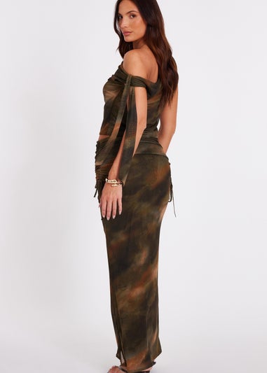 Quiz Khaki Mesh Tie Shoulder Crop Top