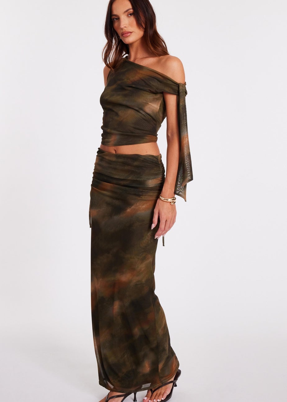 Quiz Khaki Mesh Tie Shoulder Crop Top