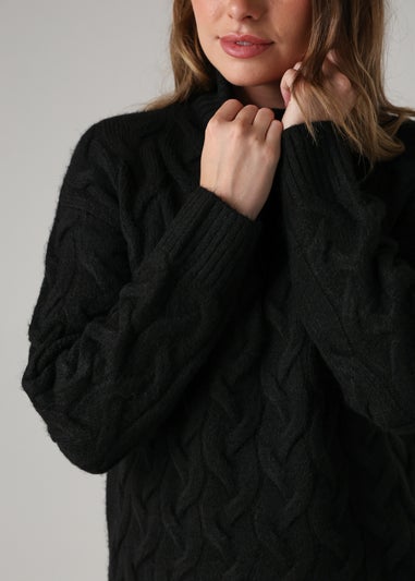French Connection Black Cable Knit Roll Neck Long Sleeve Jumper