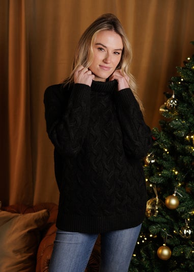 French Connection Black Cable Knit Roll Neck Long Sleeve Jumper