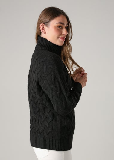 French Connection Black Cable Knit Roll Neck Long Sleeve Jumper