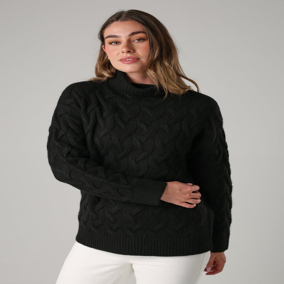 French Connection Black Cable Knit Roll Neck Long Sleeve Jumper