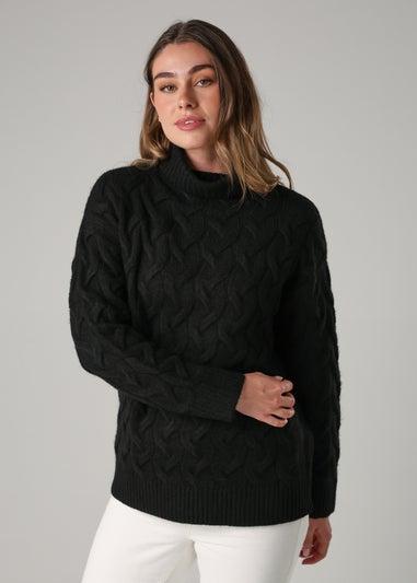 French Connection Black Cable Knit Roll Neck Long Sleeve Jumper