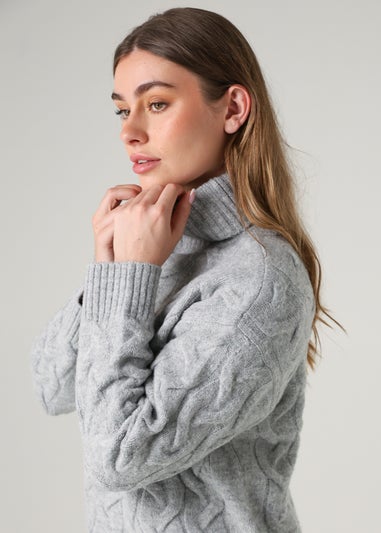 French Connection Light Grey Cable Knit Roll Neck Long Sleeve Jumper