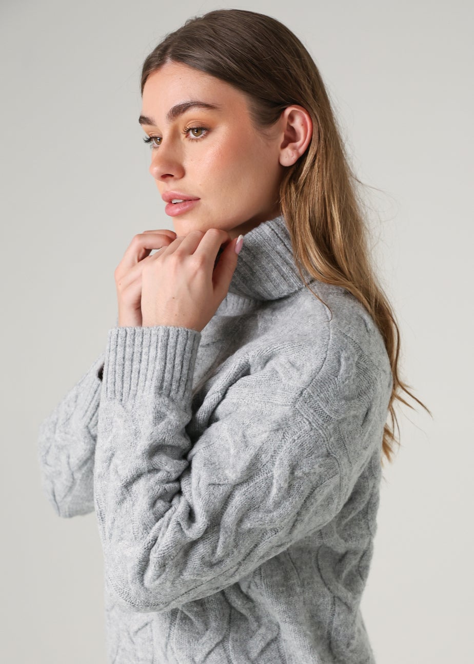 French Connection Light Grey Cable Knit Roll Neck Long Sleeve Jumper