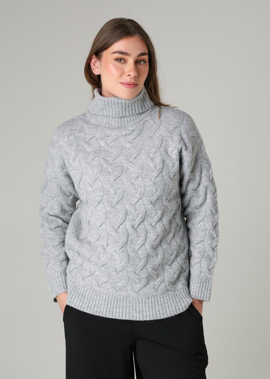 French Connection Light Grey Cable Knit Roll Neck Long Sleeve Jumper