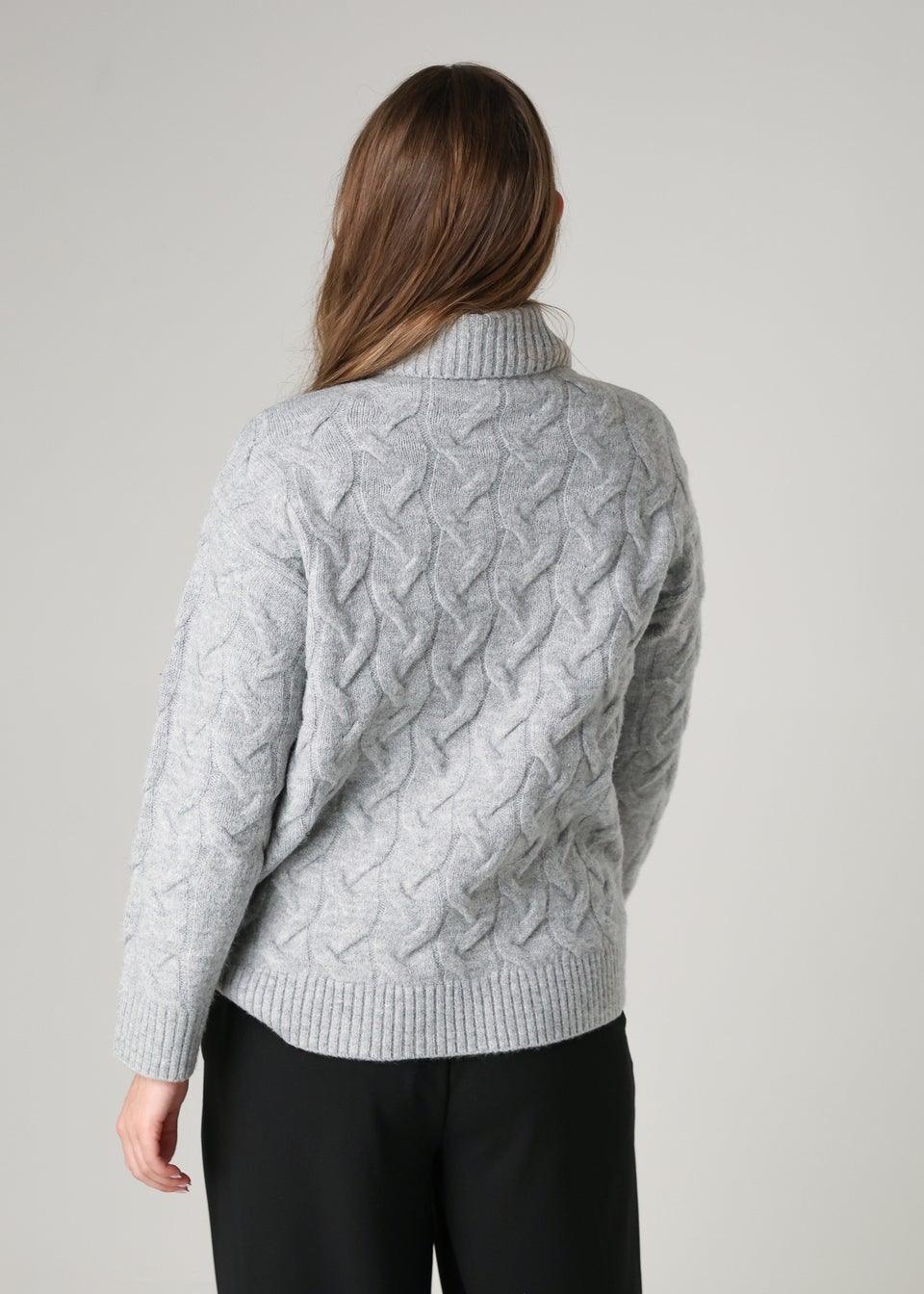 French Connection Light Grey Cable Knit Roll Neck Long Sleeve Jumper