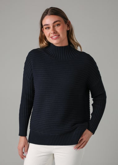 French Connection Navy Cotton Ribbed Knit High Neck Jumper