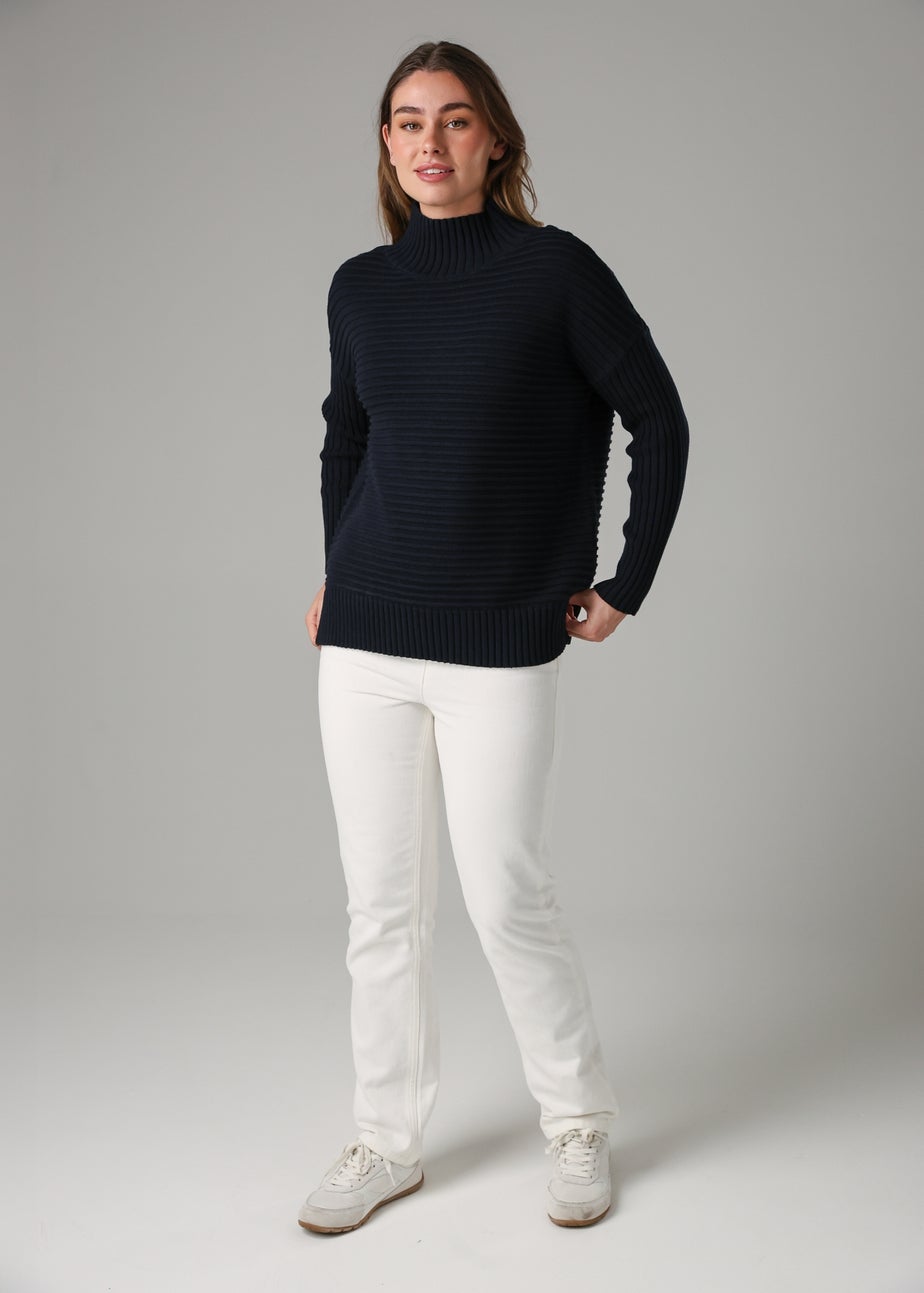 French Connection Navy Cotton Ribbed Knit High Neck Jumper