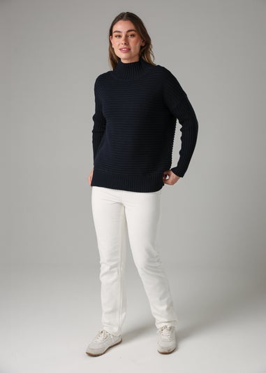 French Connection Navy Cotton Ribbed Knit High Neck Jumper