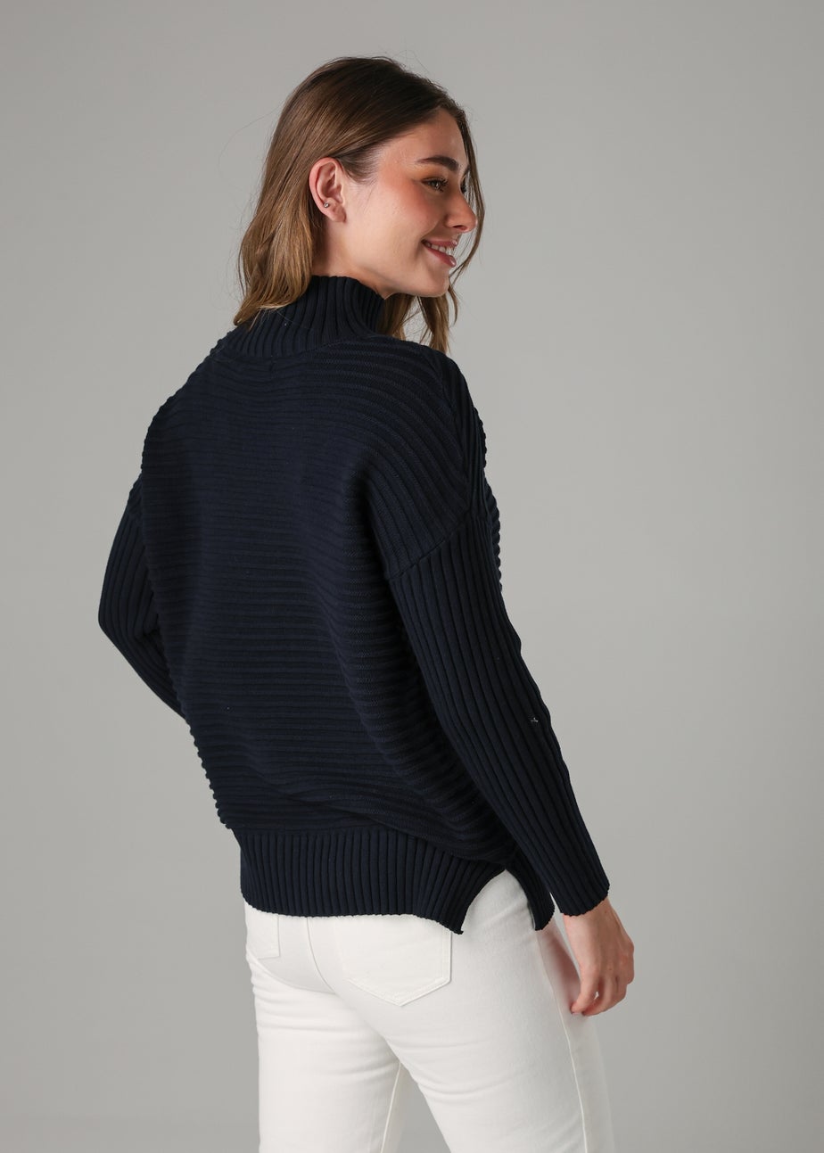 French Connection Navy Cotton Ribbed Knit High Neck Jumper