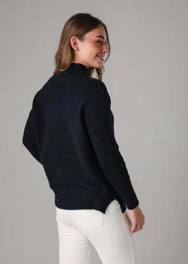 French Connection Navy Cotton Ribbed Knit High Neck Jumper