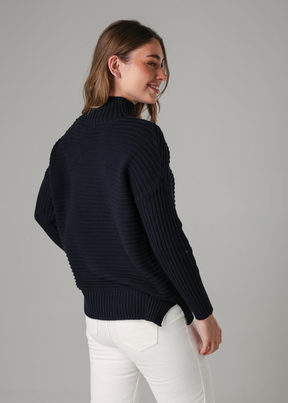 French Connection Navy Cotton Ribbed Knit High Neck Jumper