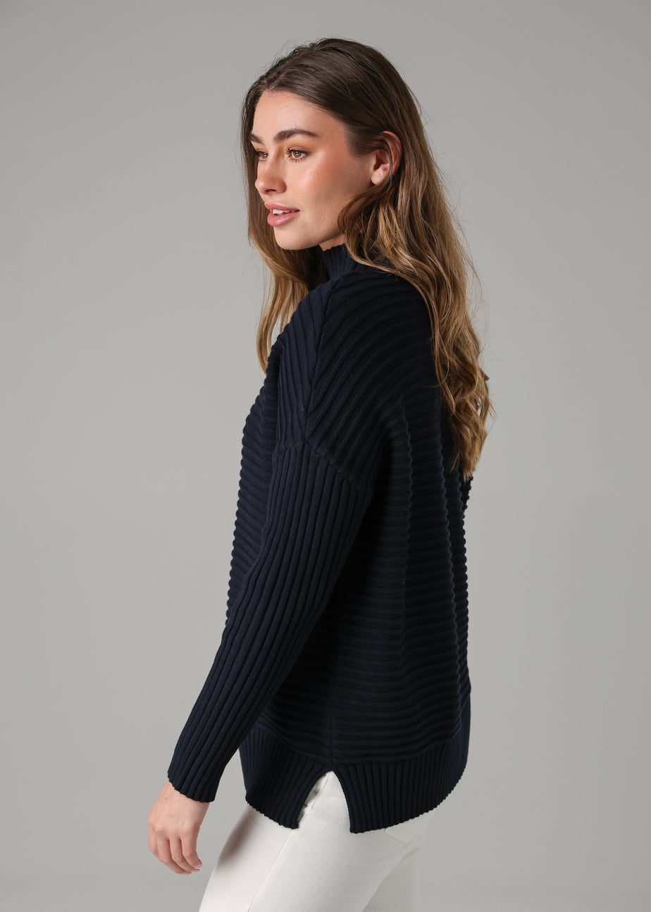 French Connection Navy Cotton Ribbed Knit High Neck Jumper