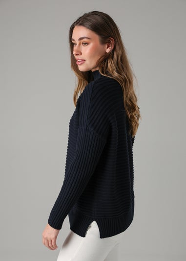 French Connection Navy Cotton Ribbed Knit High Neck Jumper