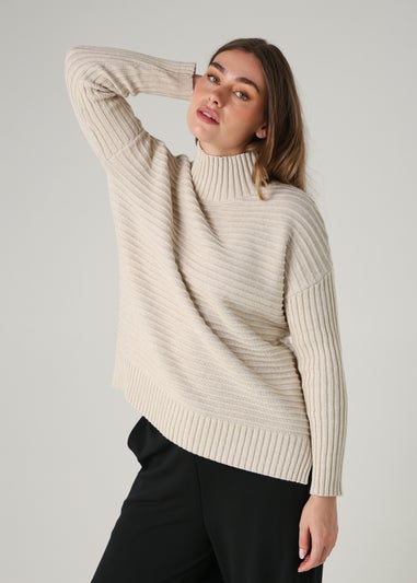 French Connection Beige Cotton Ribbed Knit High Neck Jumper
