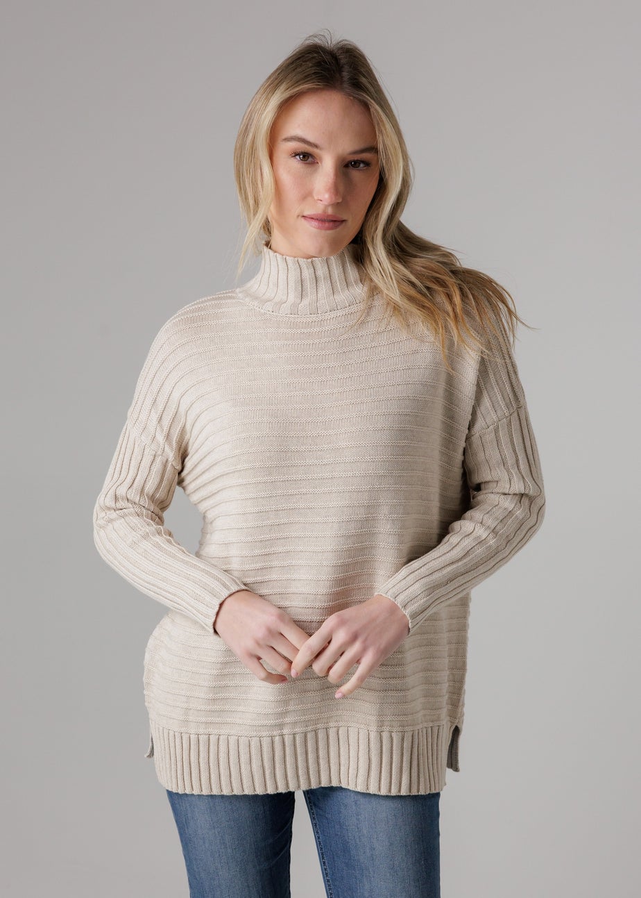 French Connection Beige Cotton Ribbed Knit High Neck Jumper