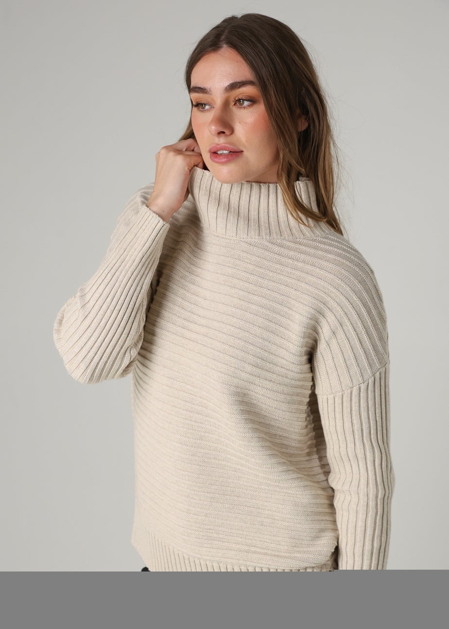 French Connection Beige Cotton Ribbed Knit High Neck Jumper