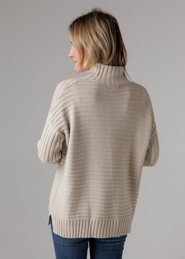 French Connection Beige Cotton Ribbed Knit High Neck Jumper