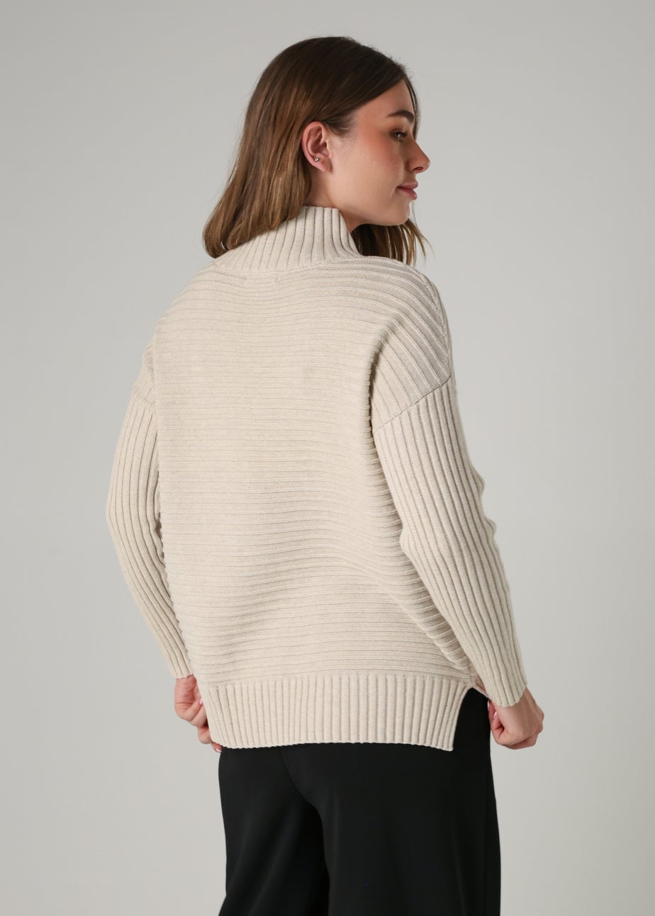French Connection Beige Cotton Ribbed Knit High Neck Jumper