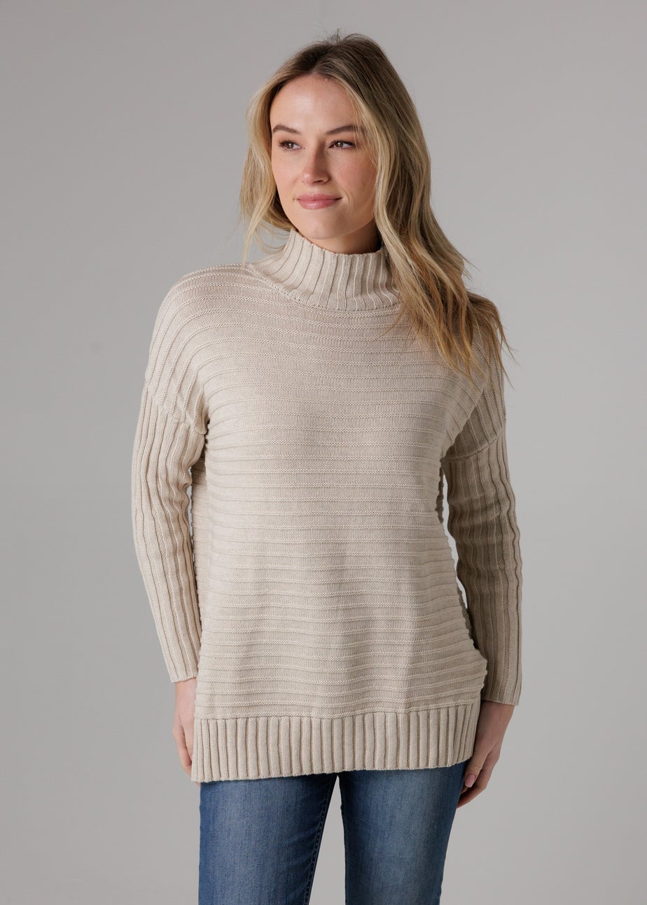 French Connection Beige Cotton Ribbed Knit High Neck Jumper